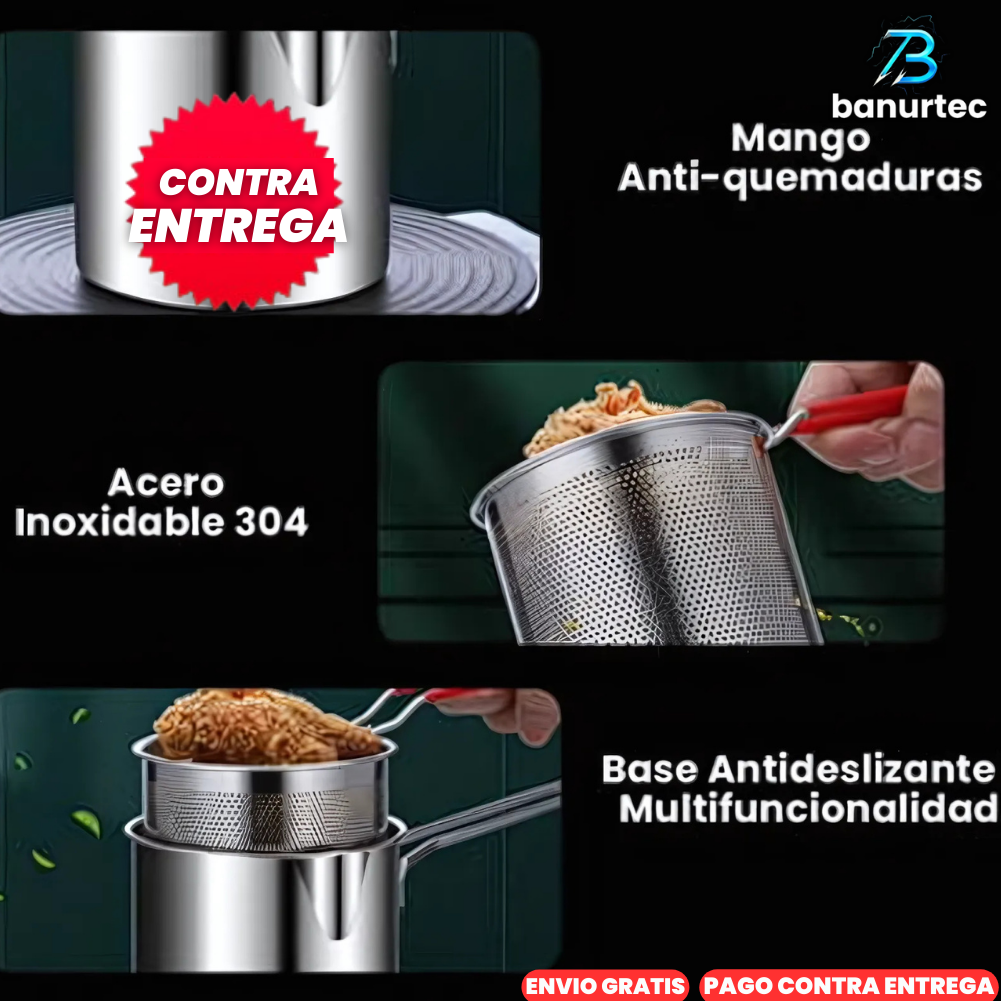 Olla Freidora Grande Multiusos De Acero Inoxidable Con Rejilla Ultra Fina