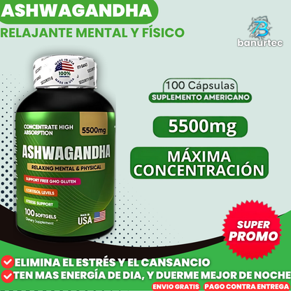Ashwagandha Americano De Alta Concentración | 5500 mg | 100 Cápsulas
