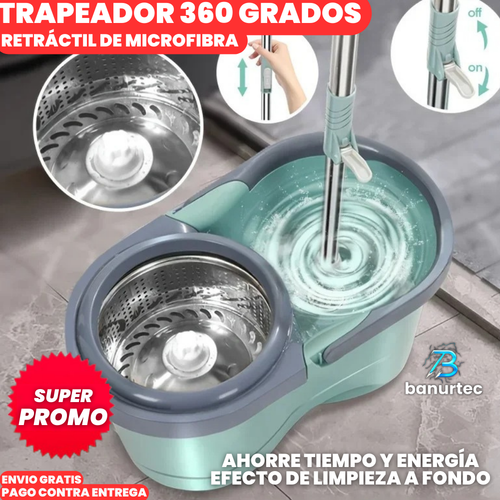 MasterClean Pro™ | Trapeador Giratorio 360°De Microfibra y Cubeta Auto Exprimidora Extensible