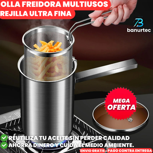 Olla Freidora Grande Multiusos De Acero Inoxidable Con Rejilla Ultra Fina