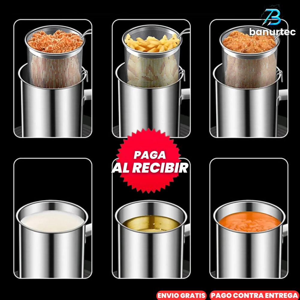 Olla Freidora Grande Multiusos De Acero Inoxidable Con Rejilla Ultra Fina